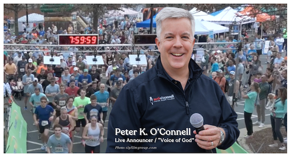 Peter K. O'Connell live announcing and hosting a 5K/10K race