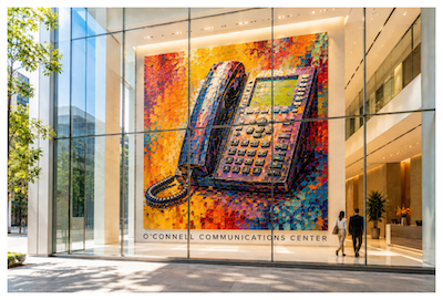 Large colorful business telephone painting in a modern corporate lobby labeled O'Connell Communications Center - Peter K. O'Connell, audio'connell Voiceover Talent