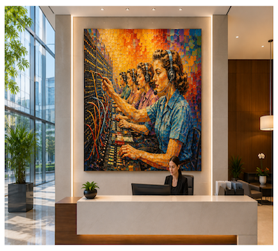Colorful painting of telephone switchboard operators displayed behind a modern office reception desk - Peter K. O'Connell, audio'connell Voiceover Talent