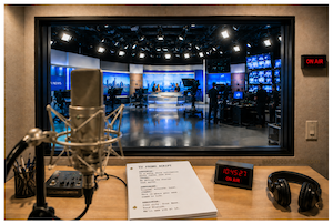 TV promo voiceover announcer booth overlooking an active television studio - Peter K. O'Connell