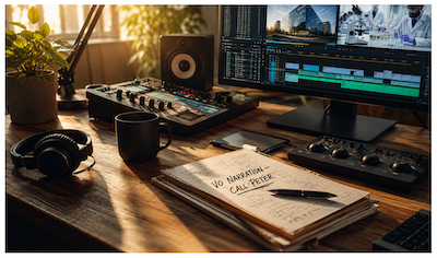 Corporate video production studio with voiceover narration reminder to call Peter K. O'Connell